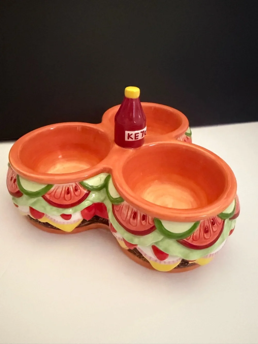 Ceramic Triple Dip Server Dish Cheeseburger with Ketchup Bottle